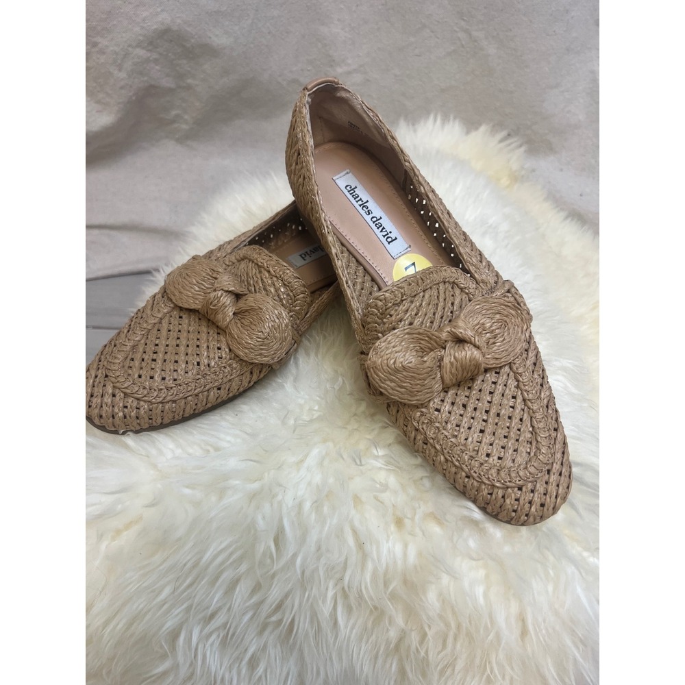 Charles David Woven Raffia Loafers Tan Bow Slip‎ On Flats Sz 7 Coastal Boho